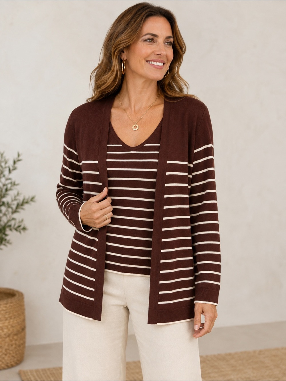 Chico’s Striped Cardigan Tank Set Chocolate Brown Cream NWT Large